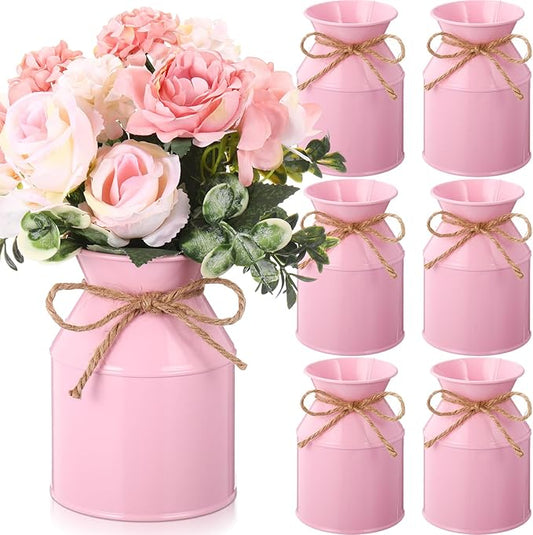 Domensi 5.12 Inch Farmhouse Metal Flower Vase Decor Rustic Galvanized Milk Can Jug Vase with Bow Flower Buckets for Table Centerpiece Fall Halloween Wedding Home Dinging Room Decor(Pink,6 Pcs)