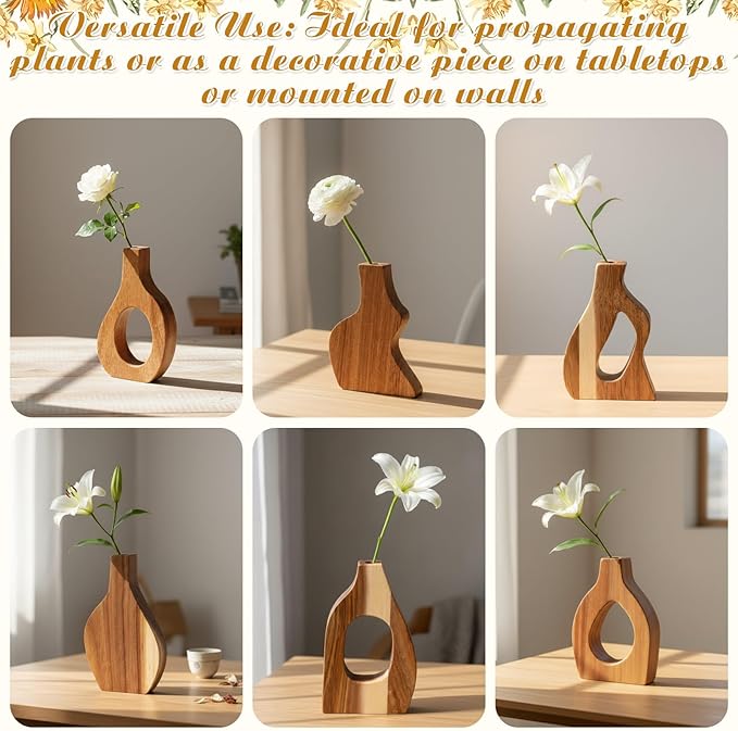 Blulu Set of 12 Small Wooden Vases for Centerpiece Decor Mini Wood Vase for Faux Flowers Plants Modern Scandinavian Home Decor for Kitchen Table Living Room