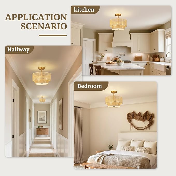 Boho Light Fixture Ceiling Mount,13'' Semi Flush Mount Ceiling Lights Fixture,3-Light Farmhouse Chandelier,Rattan Ceiling Light with 2-Tier Drum Shade,Drum Light Fixture for Bedroom Living Room