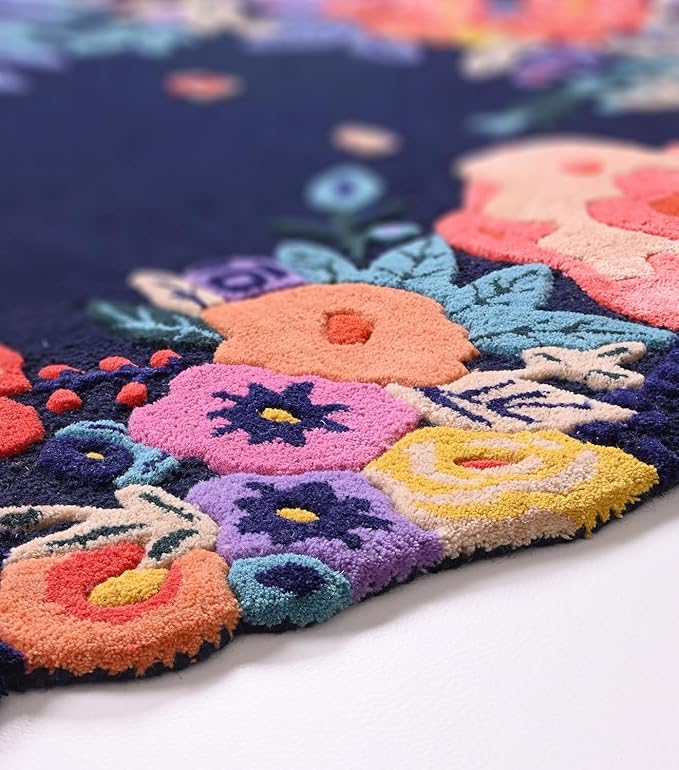 Handmade Irregular Floral Wool Area Rug Vibrant Multicoloured Garden Flower Design Soft Plush Durable Thick Carpet for Living Room Bedroom (Navy, 7 x 10 feet, Feet)