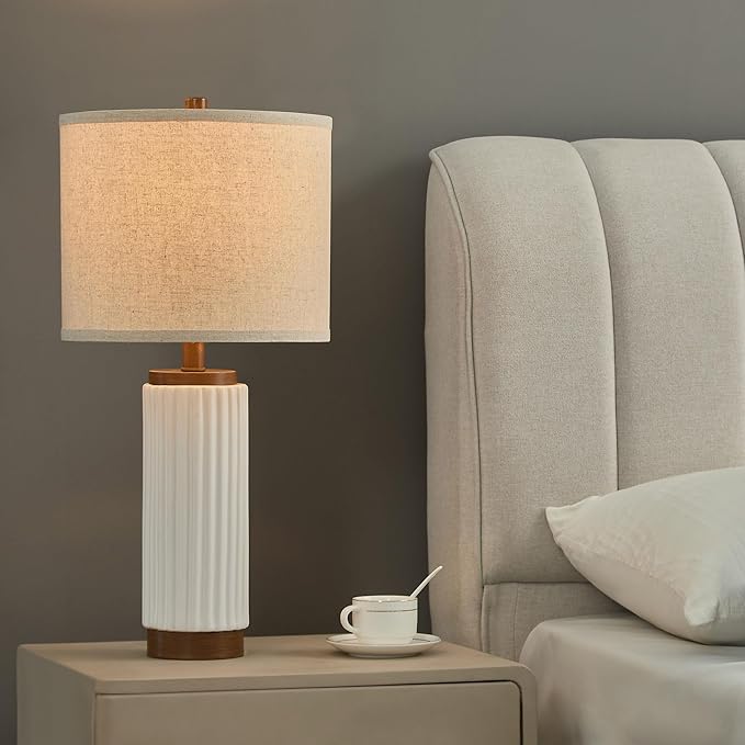 White Ceramic Table Lamps Set of 2, 25 Inch Modern Farmhouse Lamp with Oatmeal Shade for Living Room, Bedroom & Nightstand, 3-Way Dimmable White Desk Lamps