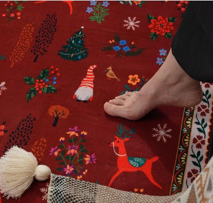 Rugcomf Christmas Round Rug 4ft – Red Santa Claus Area Rug, Machine Washable Non-Slip Low Pile Holiday Carpet for Entryway, Living Room, Bedroom, Dining Room, Kids, Bathroom, Office