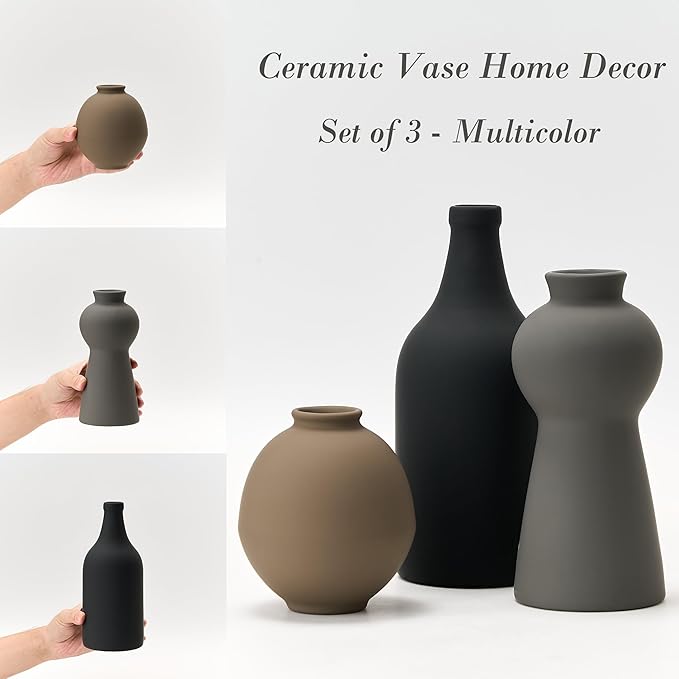 Ceramic Vase Set of 3, Nordic Minimalist Multicolor Vases Home Decor, Rustic Farmhouse Decor Pottery Vases for Bouquet Pampas Grass Dried Fresh Flowers, Living Room, Kitchen, Bedroom, Entryway Mantel