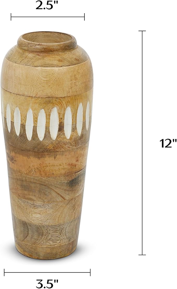 Mela Artisans 12” Mango Wood Vase | Wooden Decorative Flower Vase | Rustic Farmhouse | Natural White Wash | Centerpiece for Living Room | Dining Table | Home Decor