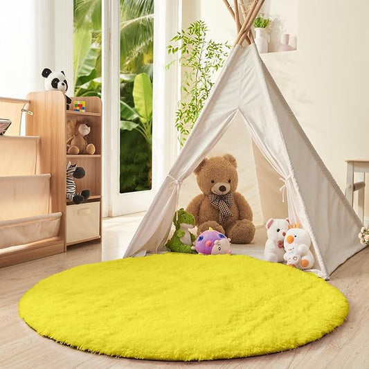 OPPODREAM 3ft Yellow Circle Rug for Bedroom, Ultra-Soft Round Rugs 3-ft for Living Room, Fluffy Carpet for Nursery, Kids, Girl, Boy, Baby, Plush, Fuzzy, Shag, Shaggy, Cute Home Decor