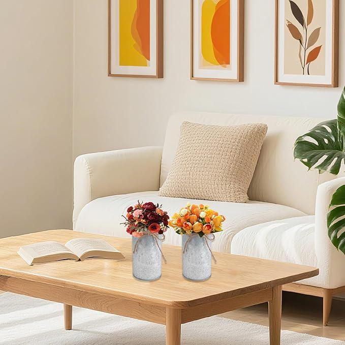 6" High Vase Centerpiece for Table, Rustic Farmhouse Mason Jars with Twine Bow, Vintage Galvanized Metal Flower Container for Wedding Home Decor (Silver, 6Pcs)