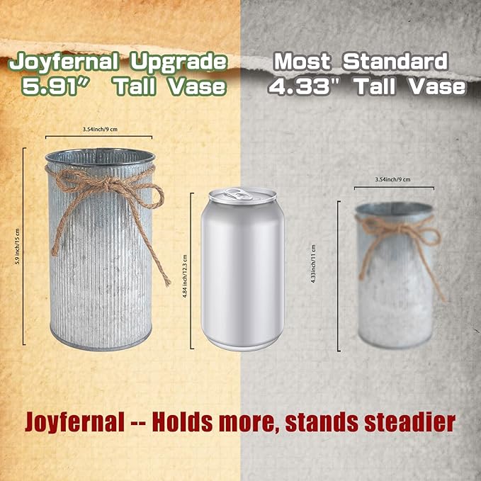 6" High Vase Centerpiece for Table, Rustic Farmhouse Mason Jars with Twine Bow, Vintage Galvanized Metal Flower Container for Wedding Home Decor (Silver, 6Pcs)