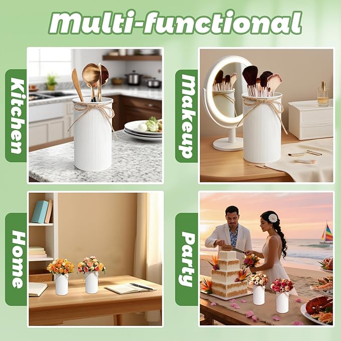 6" High Farmhouse Vases for Centerpiece, Rustic Mason Jars with Twine Bow for Flowers, Vintage Galvanized Metal Vase Tin Bucket for Wedding Home Decor (White, 12Pcs)