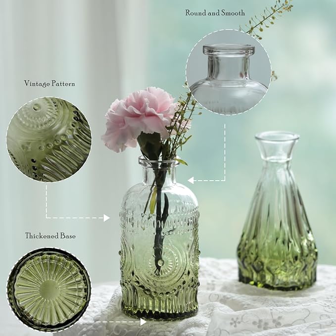Green Bud Vases Set of 40, Mini Flower Vase for Centerpieces, Small Glass Bud Vases in Bulk for Wedding Decorations, Vintage Vase for Table, Recepetion, Home Décor