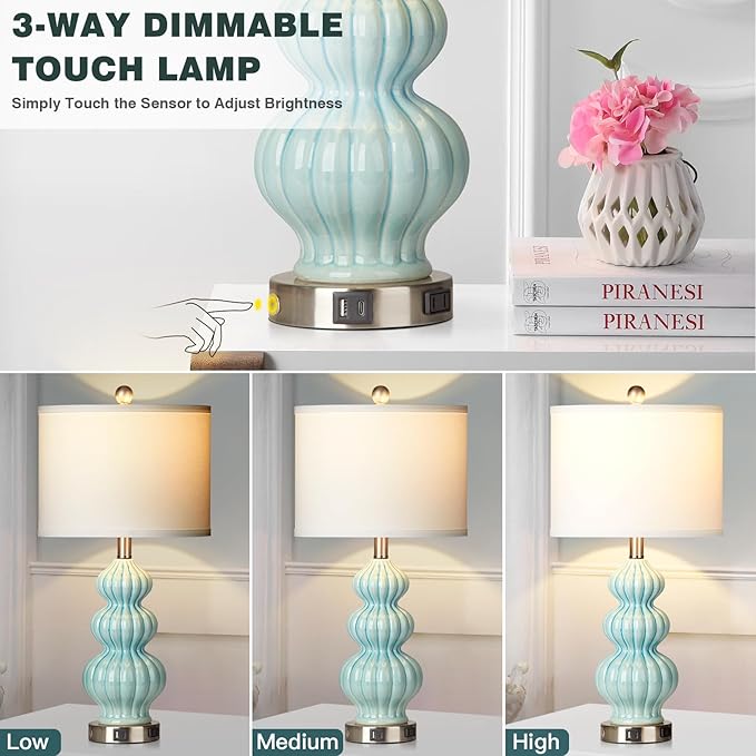 Ceramic Table Lamps Set of 2, Green Modern Bedside 26" Nightstand Lamp 3-Way Dimmable Lamp for Bedroom Living Room Contemporary, Side Table Lamp, Bulbs Included