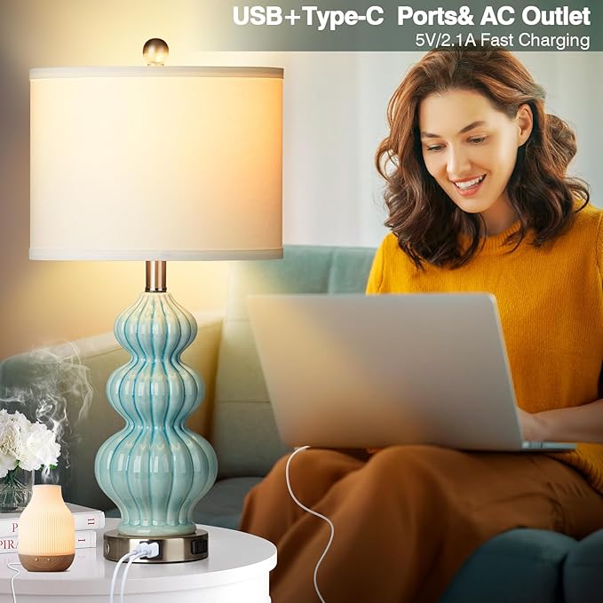 Ceramic Table Lamps Set of 2, Green Modern Bedside 26" Nightstand Lamp 3-Way Dimmable Lamp for Bedroom Living Room Contemporary, Side Table Lamp, Bulbs Included