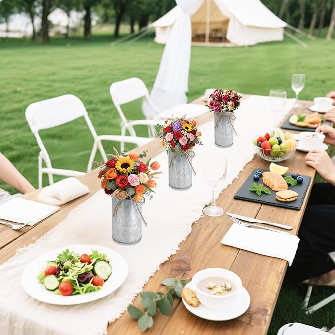 6" High Vase Centerpiece for Table, Rustic Farmhouse Mason Jars with Twine Bow, Vintage Galvanized Metal Flower Container for Wedding Home Decor (Silver, 12Pcs)