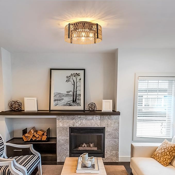 Rattan Ceiling Light Fixture 4-Light Farmhouse Ceiling Light 17.7" Boho Flush Mount Ceiling Lights for Dining Room Kitchen Bedroom Living Room, E26 Base (Not Included Blub)