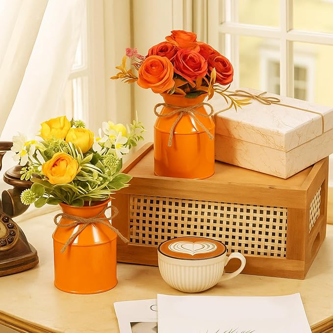 Domensi 5.12 Inch Farmhouse Metal Flower Vase Decor Rustic Galvanized Milk Can Jug Vase with Bow Flower Buckets for Table Centerpiece Fall Halloween Wedding Home Dinging Room Decor(Orange,6 Pcs)