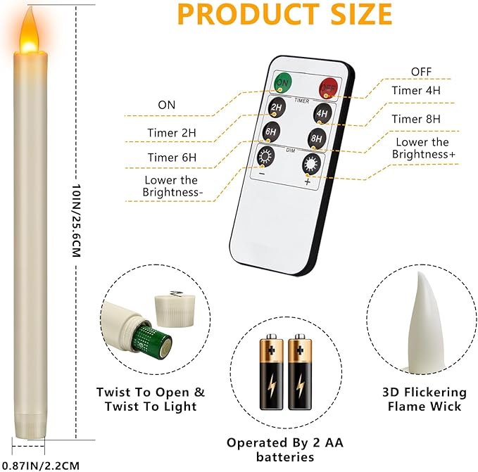 10" Flameless Taper Candles with Remote, Electric Led Candlesticks, Plastic Tall Taper Candles Battery Operated with Flickering Flame for Halloween Christmas Wedding Home Décor(Ivory, 12 Pack)