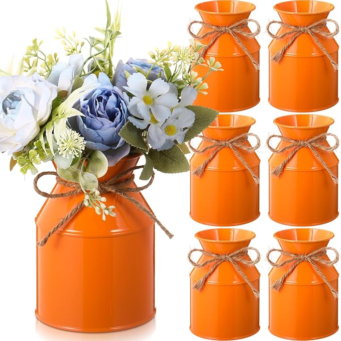 Domensi 5.12 Inch Farmhouse Metal Flower Vase Decor Rustic Galvanized Milk Can Jug Vase with Bow Flower Buckets for Table Centerpiece Fall Halloween Wedding Home Dinging Room Decor(Orange,6 Pcs)