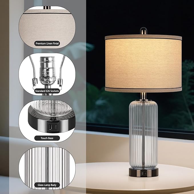 WIHTU Table Lamps Set of 2 with Vertical Grained Glass, 3-Way Dimmable Nightstand Lamp with Touch Control, 27" Modern Glass Bedside Lamps with USB A+C Ports, Glossy Black Desk Lamp for Bedroom