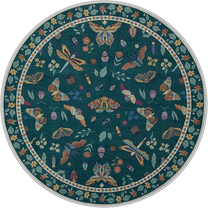 Lahome Insect Washable Round Area Rug, Soft Round Rugs 6ft Ultra-Thin Non-Slip, Boho Large Circle Carpet for Bedroom Living Room Kitchen Nursery, Dark Green