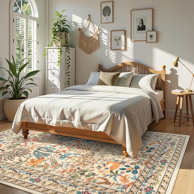 OJIA 8x10 Area Rugs for Living Room Bedroom Large Washable Rugs, Thin Boho Beige Nursery Rug Non-Shedding Kids Playroom Rug Floral Stain Resistant Large Carpet Accent Rugs for Dining Farmhouse