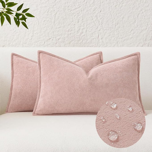 Kevin Textile Waterproof Decorative Pillow Covers Light Pink 12x20 Inch Pack of 2 Soft Boucle Textured Lumbars Cushions Elegant Accent Pillows for Couch Sofa Chair Bed Home Decor Indoor Outdoor