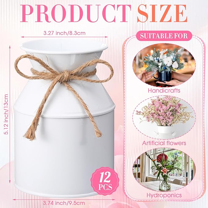 Domensi 5.12 Inch Farmhouse Metal Flower Vase Decor Rustic Galvanized Milk Can Jug Vase with Bow Flower Buckets for Table Centerpiece Fall Halloween Wedding Home Dinging Room Decor(White,12 Pcs)
