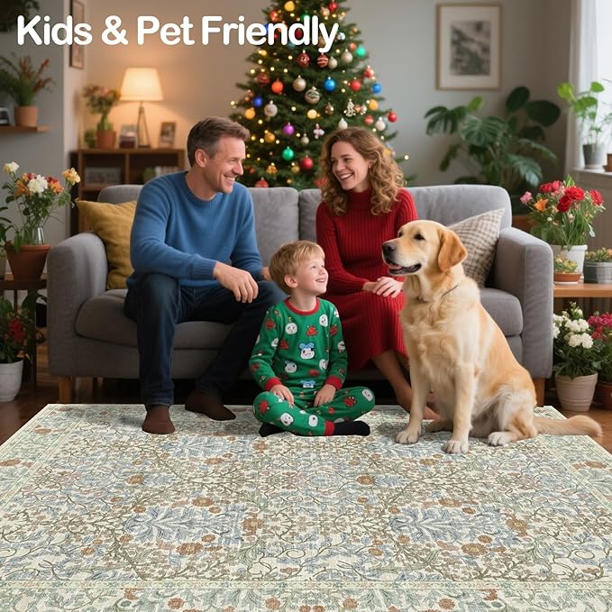 Vintage Beige Blue Living Room Rug, 6x9 Washable Area Rugs for Dining Room Under Table, Soft Low Pile Large Carpet Bedroom, Non-Slip Boho Floral (6 x 9 Beige Blue)