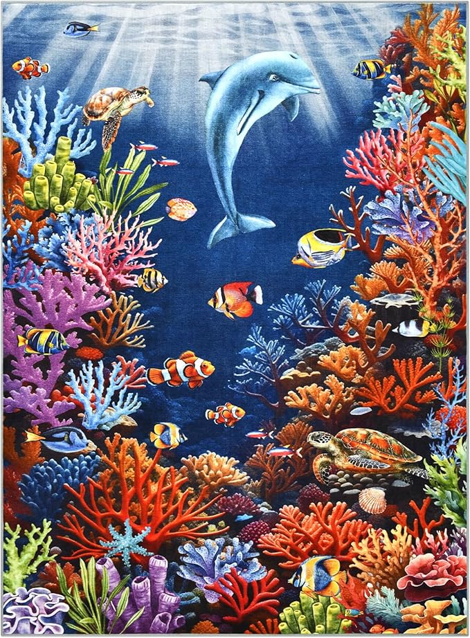 Amearea Soft Kids Rugs for Toddler Bedroom Playroom Classroom, Colorful Sea World 6x9 Area Rug, Non-Slip Washable Play Mat Nursery Rug, Fish Coral Reef Ocean Theme Carpet for Boy Girl Room Decor, Blue