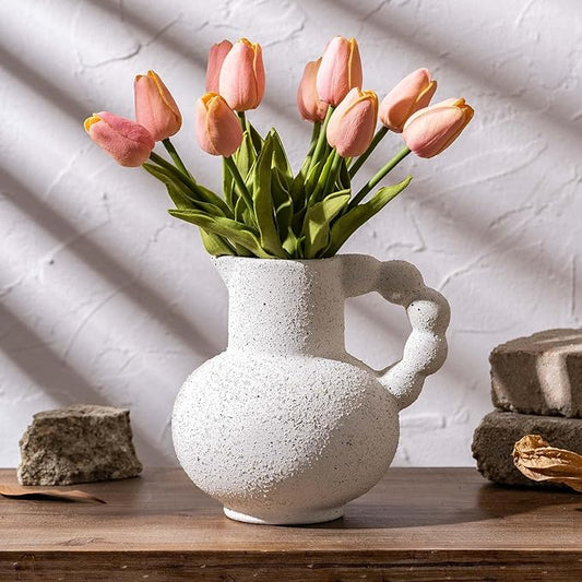 Rustic Farmhouse Flower Large Ceramic Vase, Vintage Pampas Grass Vases, Antique White Decorative Ceramic Flower Vase for Home Decor, Table, Living Room, Entryway, Wedding - Distressed Design, 6.9 Inch