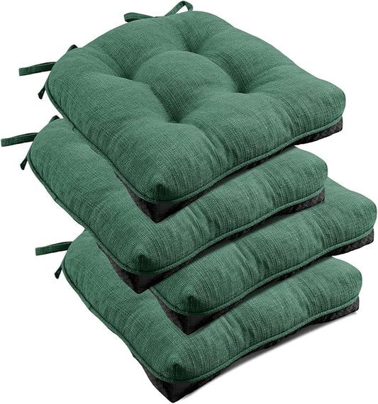 downluxe Indoor Chair Cushions for Dining Chairs, Tufted Overstuffed Textured Foam Kitchen Chair Pads with Ties and Non-Slip Backing, 15.5" x 15.5" x 4", Dark Green, 4 Pack