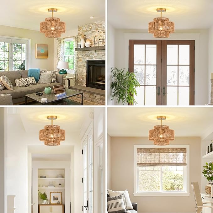 1-Light Rattan Ceiling Light Fixture, 12.4" Semi Flush Mount Boho Ceiling Light, Wicker Light Fixture with 3-Tier Hand-Woven Drum Shade, Farmhouse Rattan Chandelier for Dining Room Living Room Bedroom