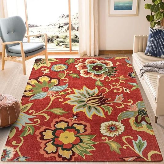 Lahome Floral Washable Rugs 5x7, Carpets for Living Room Non-Slip Lightweight, Soft Bedroom Throw Paisley Print Low-Pile Large Christmas Area Rug for Dining Room, Kitchen, Entryway