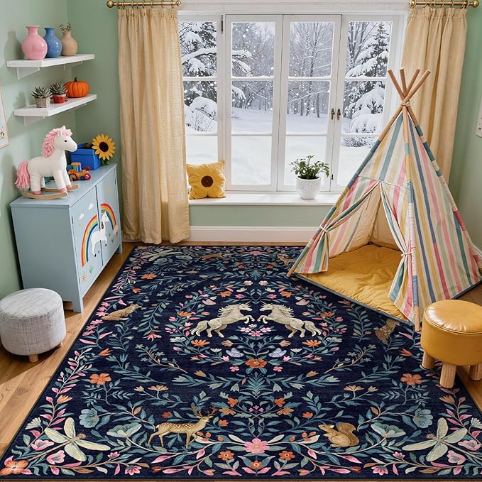 STARUIA 8x10 Area Rugs for Living Room, Unicorn Floral Non-Slip Washable Rugs, Farmhouse Moroccan Vintage Animal Large Girls Area Rug for Bedroom, Carpet for Dining Room Nurseries(Navy Blue,8'x10')