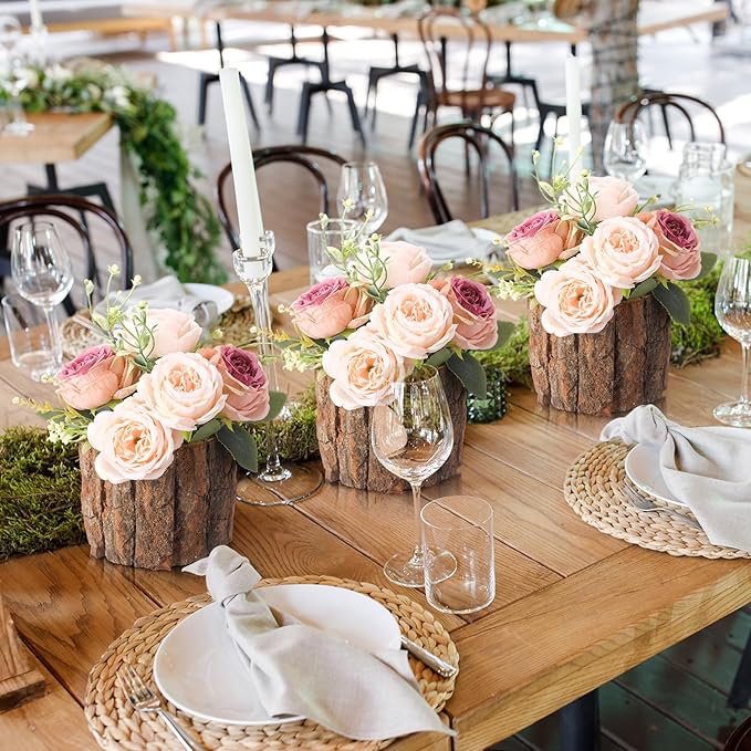 3 Pcs Wooden Vase for Centerpieces Christmas Table Decor Wooden Flower Vase Rustic Bark Stump Buckets Vintage Wood Planter Pots for Xmas Woodland Party Wedding Window Home Farmhouse