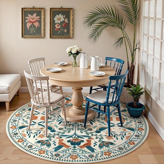 Moynesa Floral Bird Round Rug 6ft Washable Circle Rug Non Slip,Modern Bohemian Area Rugs for Bedroom Reading Coner,Farmhouse Living Dining Room Aesthetic Carpet Retro Home Decor