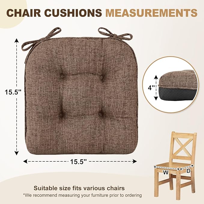 downluxe Indoor Chair Cushions for Dining Chairs, Tufted Overstuffed Textured Foam Kitchen Chair Pads with Ties and Non-Slip Backing, 15.5" x 15.5" x 4", Brown, 6 Pack