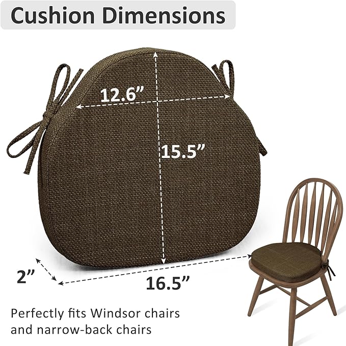 Shinnwa Dining Chair Cushions Set of 6, High-Resilience Foam Windsor Seat Pads, Kitchen Chair Cushions with Ties & Textured Cover, 6 Pack, 16.5 x 15.5 x 2, Dark Brown