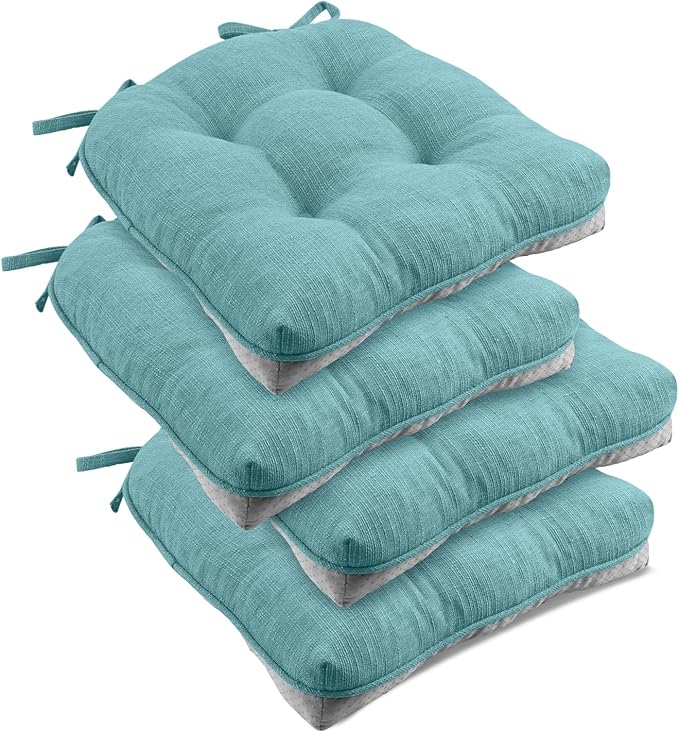 downluxe Indoor Chair Cushions for Dining Chairs, Tufted Overstuffed Textured Foam Kitchen Chair Pads with Ties and Non-Slip Backing, 15.5" x 15.5" x 4", Aqua Blue, 4 Pack