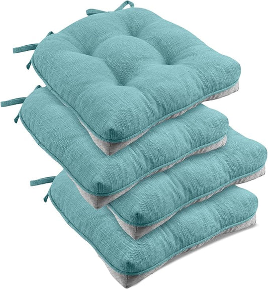 downluxe Indoor Chair Cushions for Dining Chairs, Tufted Overstuffed Textured Foam Kitchen Chair Pads with Ties and Non-Slip Backing, 15.5" x 15.5" x 4", Aqua Blue, 4 Pack