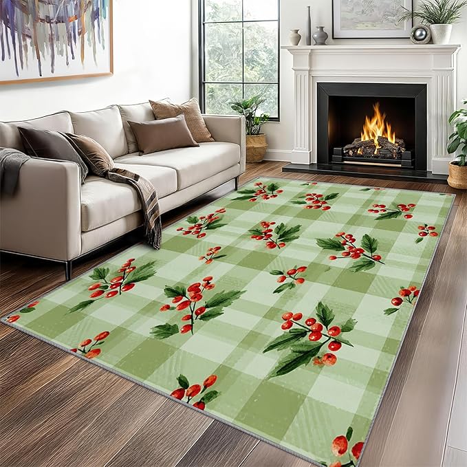 Christmas Area Rug, 5x7 Rug for Bedroom, Xmas Holly Berry Green Buffalo Plaid Washable Rugs for Living Room, Non Slip Soft Low Pile Stain Resistant Carpet, Rustic Farmhouse Room Decor
