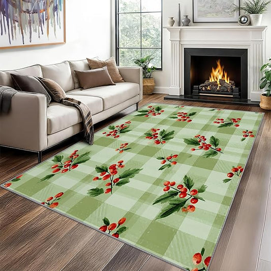 Christmas Area Rug, 8x10 Rug for Bedroom, Xmas Holly Berry Green Buffalo Plaid Washable Rugs for Living Room, Non Slip Soft Low Pile Stain Resistant Carpet, Rustic Farmhouse Room Decor
