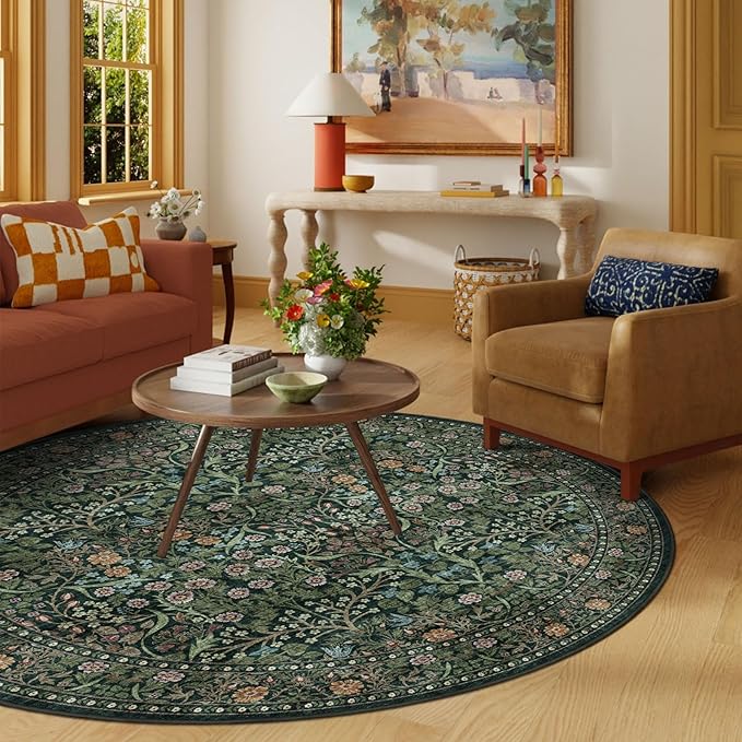 Green Round Rugs 8ft - Soft Washable Boho Floral Bedroom Circle Rug 8x8 Stain Resistant Botanical Dining Room Rugs for Under Round Table Vintage Area Rug for Living Room Home Office