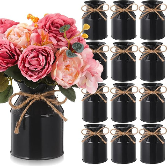 Domensi 5.12 Inch Farmhouse Metal Flower Vase Decor Rustic Galvanized Milk Can Jug Vase with Bow Flower Buckets for Table Centerpiece Fall Halloween Wedding Home Dinging Room Decor(Black,12 Pcs)