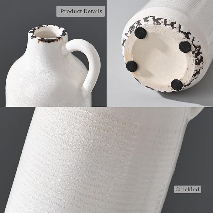 Ceramic Vase for Home Decor, Ice Crackle Aged White Vintage Vase with Handle, Decorative Flower Vase for Farmhouse, Living Room, Table, Fireplace, Nightstand - Ice Crackle White