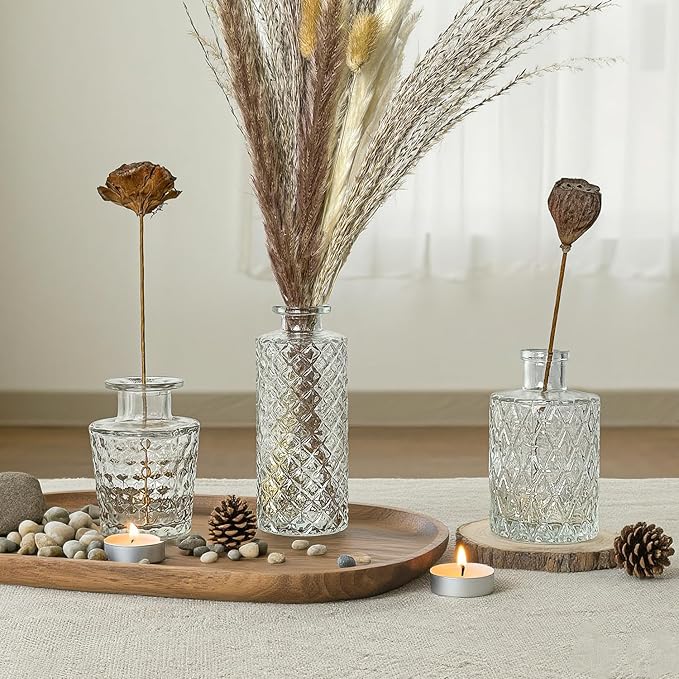 Glass Bud Vase Set of 3 Pcs Small Minimalist Vases for Flowers, Vintage Rustic Home Decor for Table Centerpiece Wedding Party, Modern Clear Aromatherapy Bottle for Living Room Bedroom