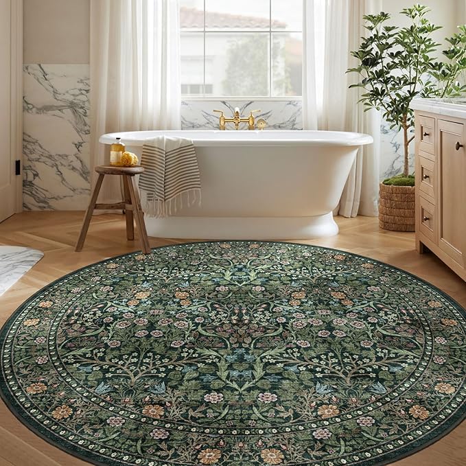 Green Round Rugs 8ft - Soft Washable Boho Floral Bedroom Circle Rug 8x8 Stain Resistant Botanical Dining Room Rugs for Under Round Table Vintage Area Rug for Living Room Home Office