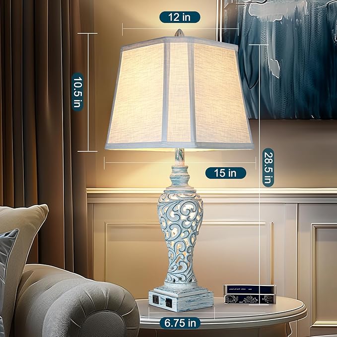Table Lamp Bedside Lamps Set of 2, 28.5'' Luxsight Farmhouse Table Lamps for Bedroom, Lamps for Nightstands with Night Lights, with USB C+A Ports, Rustic Lamp for Living Room, Bulb Included