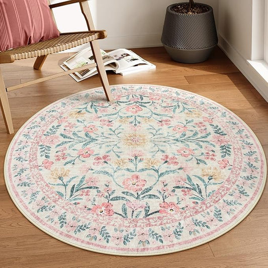 Lahome Boho Light Pink Round Rug 4ft, Washable Small Circle Rugs for Bedroom Kids, Pink and Green Nursery Circular Carpet Girl Decor, Soft Non-Slip Round Carpet for Sunroom, Blush