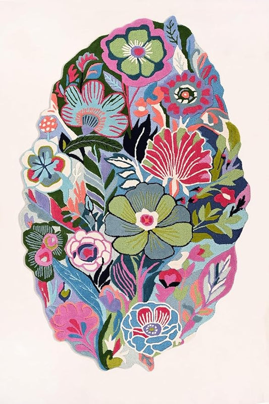 Handmade Irregular Floral Wool Area Rug Vibrant Multicoloured Garden Flower Design Soft Plush Durable Thick Carpet for Living Room Bedroom (Green, 4 x 6 feet, Feet)