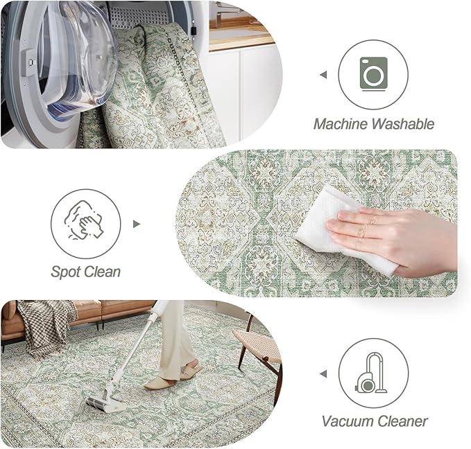 8x10 Area Rugs, Washable Rugs, Large Stain Resistant Area Rug for Living Room Bedroom Dining Room, Vintage Farmhouse Rug Green