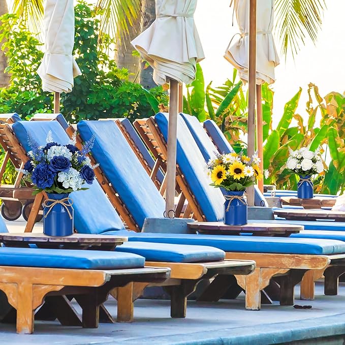 Domensi 5.12 Inch Farmhouse Metal Flower Vase Decor Rustic Galvanized Milk Can Jug Vase with Bow Flower Buckets for Table Centerpiece Fall Halloween Wedding Home Dinging Room Decor(Dark Blue,6 Pcs)